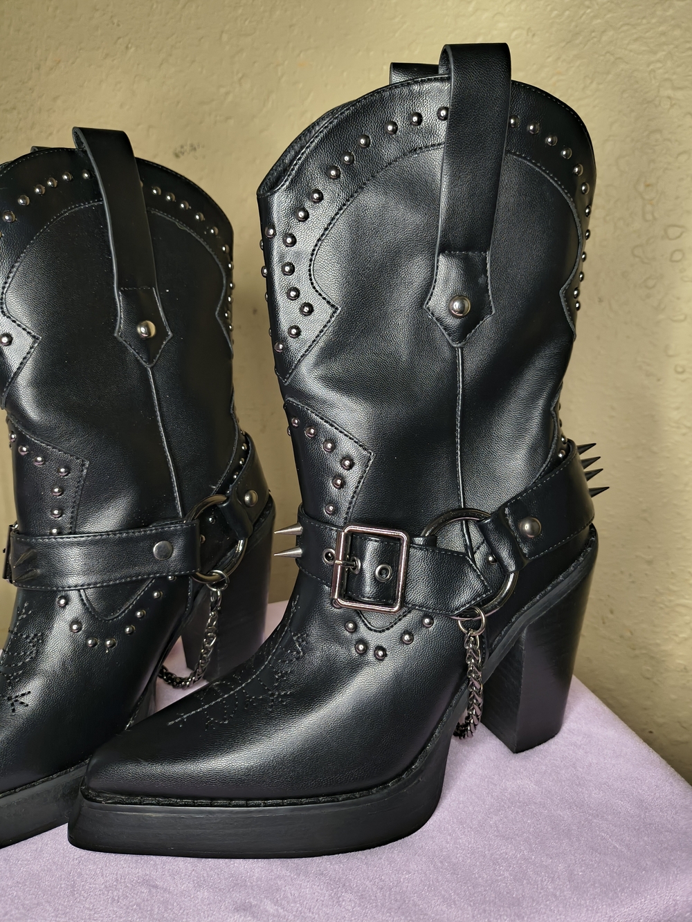 black Dolls Kill Widow "Nocturnal Memories" spiked cowboy boots.